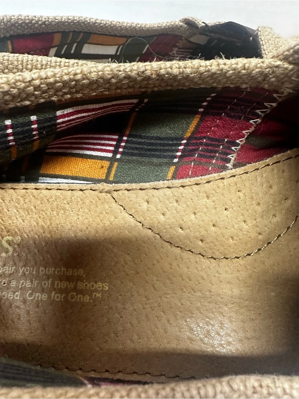 TOMS Classic Burlap Canvas Slip On Flats Plaid Lined Women’s Size 12 Tan